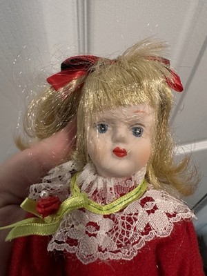 Vintage Porcelain Musical Doll Pair Red Dress Lace Matching Set Press Here