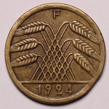 1924 F Germany 10 Rentenpfennig Coin KM# 34