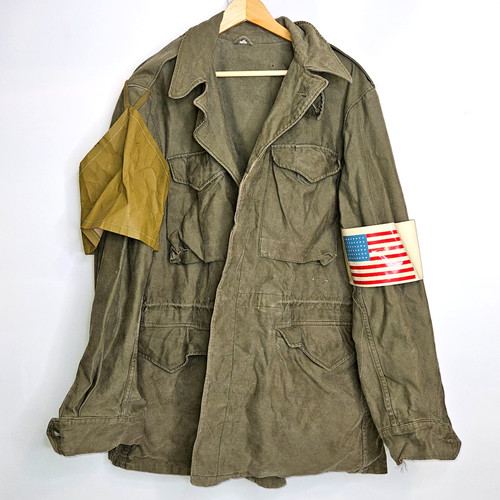 Vintage M-1943 Field Jacket 36L Green WWII US Army With American Flag Armband