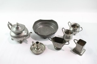 Vintage Pewter Ware Inc Three Piece Tea Set& Arts & Craft Bowl 2596g