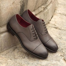 Handcrafted Men's Gray Color Leather Oxford Cap-Toe Lace Up Casual Wear Shoe Men