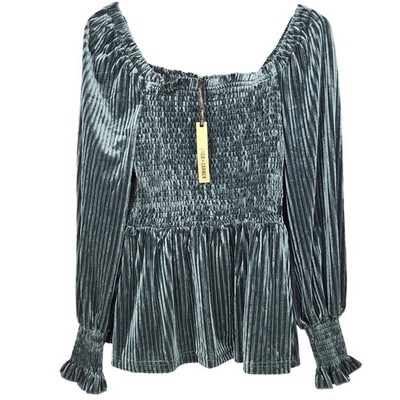 Coco Carmen Velvet Smocked Peplum Top Large/XL Green Long Sleeve New