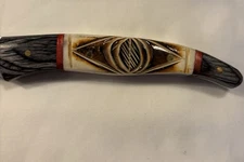 Steel Fillet Knife & Leather Sheath, Carved  And  Wood handle