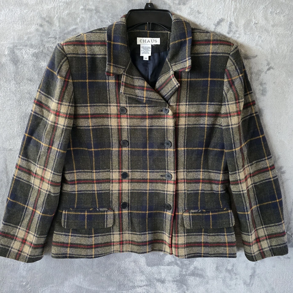 Blazer chaqueta hombreras de lana de doble botonadura a cuadros talla 14 Chaus de colección Foto 2 de 4