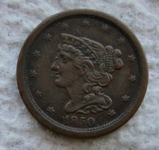1850 1/2C BN Braided Hair Copper Half Cent Rare Key Date Type Coin XF Scratched