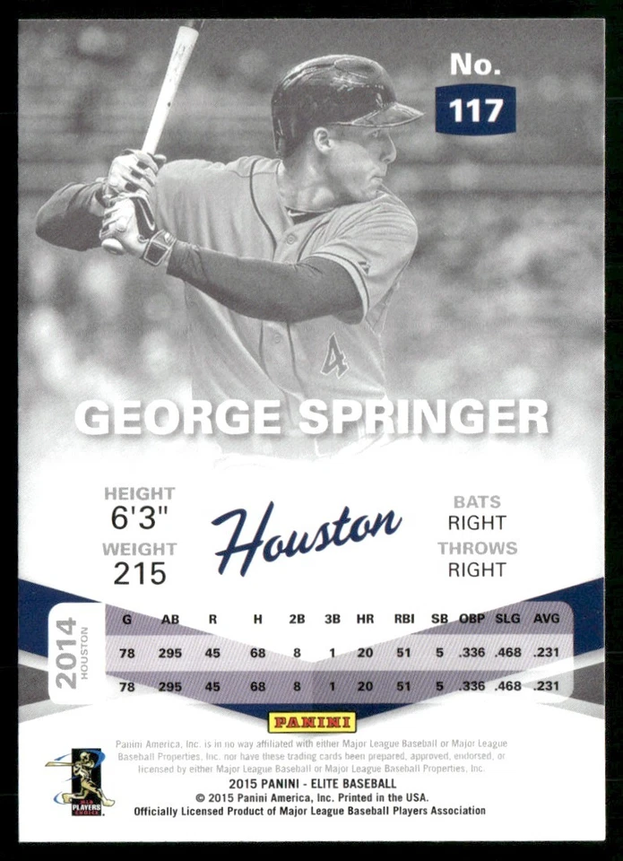 2015 PANINI ELITE GEORGE SPRINGER HOUSTON ASTROS #117 - Image 2 of 2