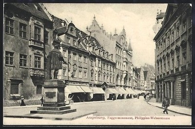 Augsburg, Philippine-Welserstrasse mit Fuggermonument, Ansichtskarte 