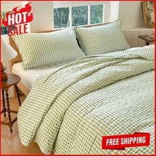 Queen Full Quilt Set Lightweight Gingham Bedspread W/ Pillow Shams Cozy Bedding