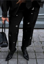 Zara Jewel Bead Embellished High Waist Trousers Black Size M L 8741/272 NWT