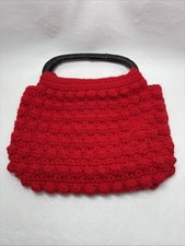 Vtg 80s Handmade Handbag Purse Handle Red Boho Crochet Bag Festival Grannycore