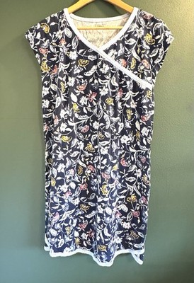 Garnet Hill Organic Cotton Floral Nightgown M Navy Faux Wrap Cap Sleeve