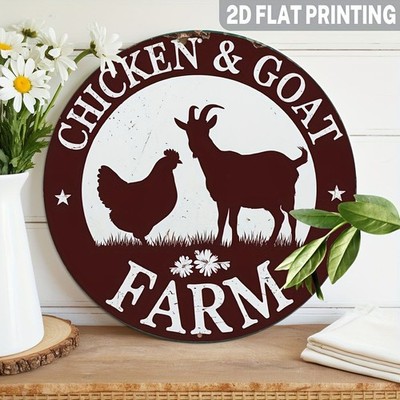 Chicken & Goat Farm Metal Sign Round Vintage Farmhouse Wall Art Hanging Decor