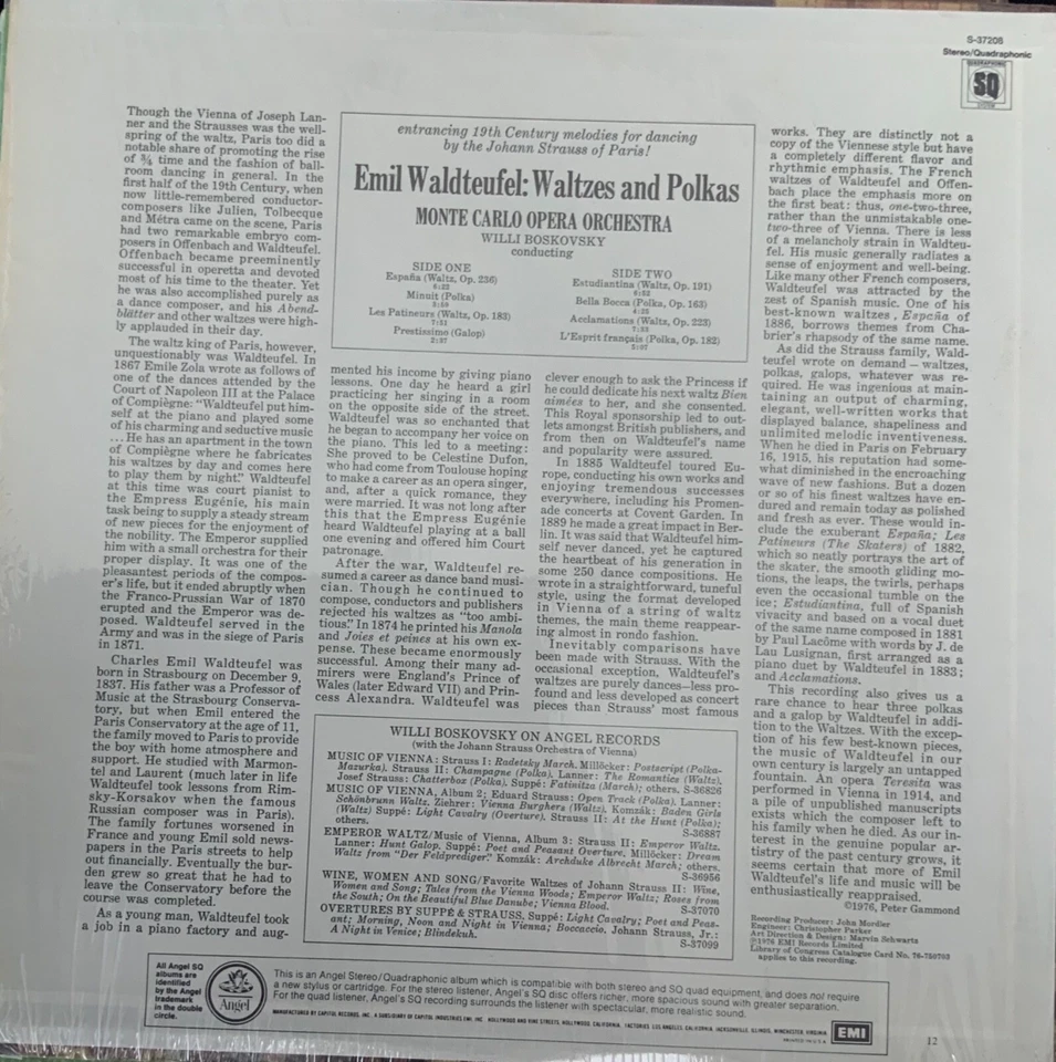 WALDTEUFEL-WALTZES & POLKAS-BOSKOVSKY-ORIGINAL 1976 ANGEL S-37208 STEREO VINYL Foto 2 de 2