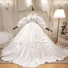Elegant Satin Wedding Dresses Off Shoulder Fluffy Sleeved with Bows Bridal Gowns