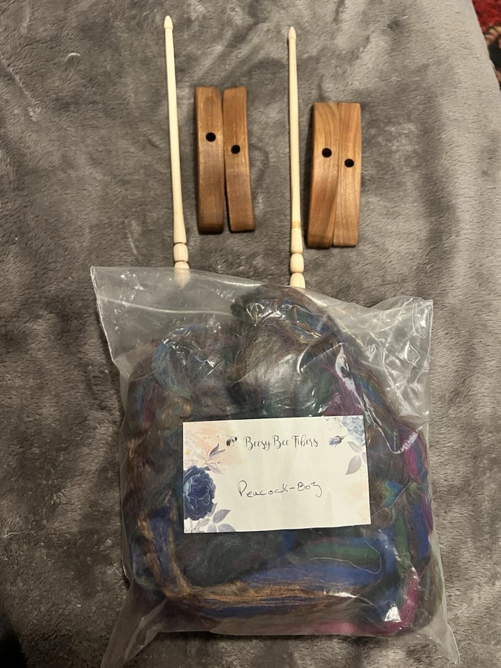 2 Wooden Drop Spindles And 8oz Merino Bamboo Wool Roving  - Image 4 of 4