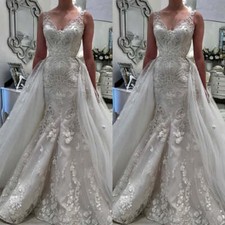 Elegant Mermaid Wedding Dresses with Detachable Train Lace Appliques Bridal Gown
