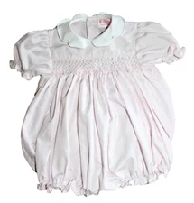 Petit Ami Bubble Romper S/S Smocked 6 Months Pink Peter Pan Hand Embroidered