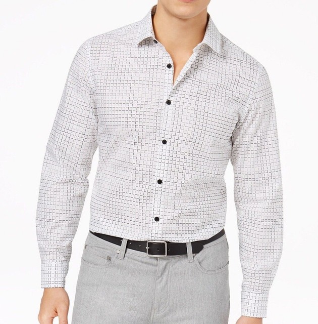 Alfani NEW Bright White Mens Size 2XL 3D Check Woven Button Down Shirt $55 #343 | eBay