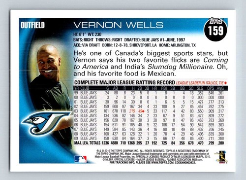2010 Topps #159 Vernon Wells Toronto Blue Jays - Bild 2 von 2