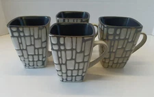 BEEKMAN HOME BLACK SQUARE RECTANGLE ABSTRACT 14 OZ COFFEE MUG STONEWARE SET OF 4