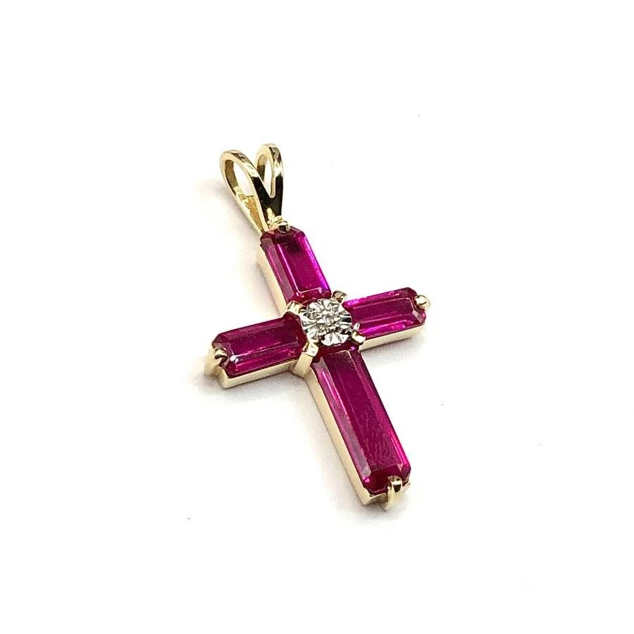 2 Ct Baguette Pink Tourmaline Women Wedding Cross Pendant 14K Yellow Gold Plated - Image 4 of 4