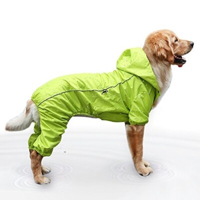 Four-Legged Dog Raincoat Waterproof Hooded w/ Safe Reflective Stripes,Green, 2XL