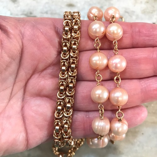 Honora Pink Pearl Station Necklace Italian Bronze FW Byzantine Link 36" QVC - Picture 5 of 7