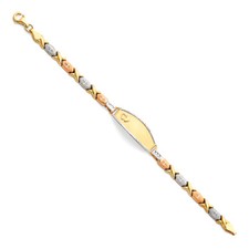 Real 14K Tri Tone Gold Womens Ladies Stampato Heart XOXO ID Bracelet Girls
