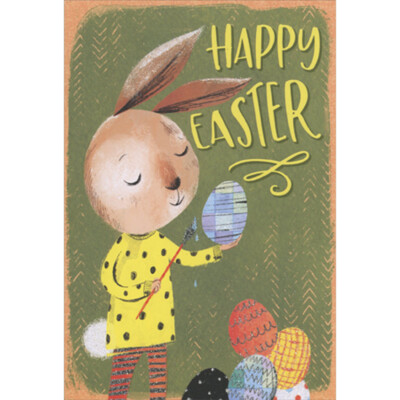 Bunny Painting Shimmering Egg with Long Red Brush 8 Juvenile Easter Cards