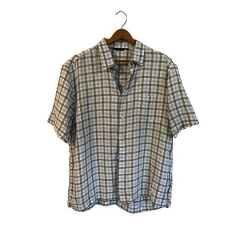 BODEN 100% Linen Button Down Shirt Plaid Blue Green Men's XL