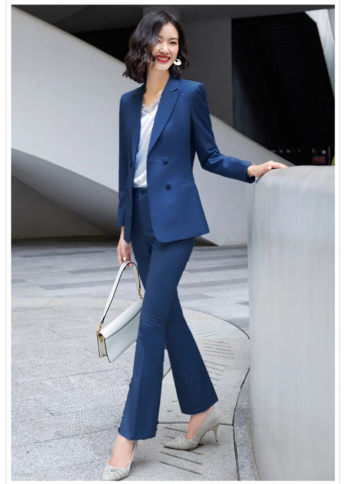 Blue Splicing Colors Women Suit Set Blazer+Strap Bra Top+Pants 3