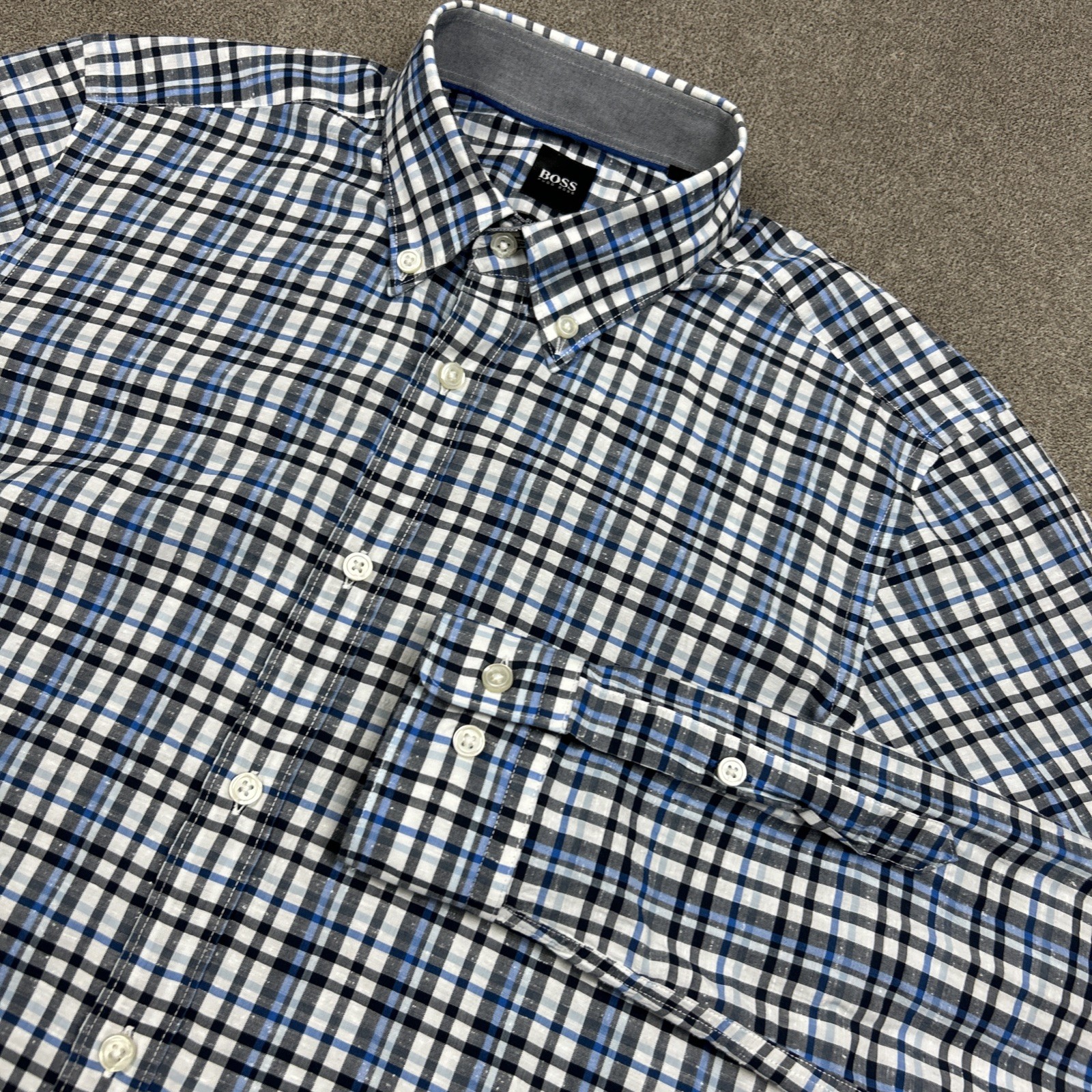 Hugo Boss Shirt Mens Medium Slim Fit Button Down Blue Plaid Slub Cotton Casual