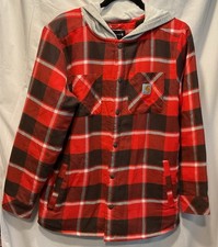 Carhartt Youth L 14-16 Flannel Hooded Jacket Sherpa Lined Snap Front Red Plaid