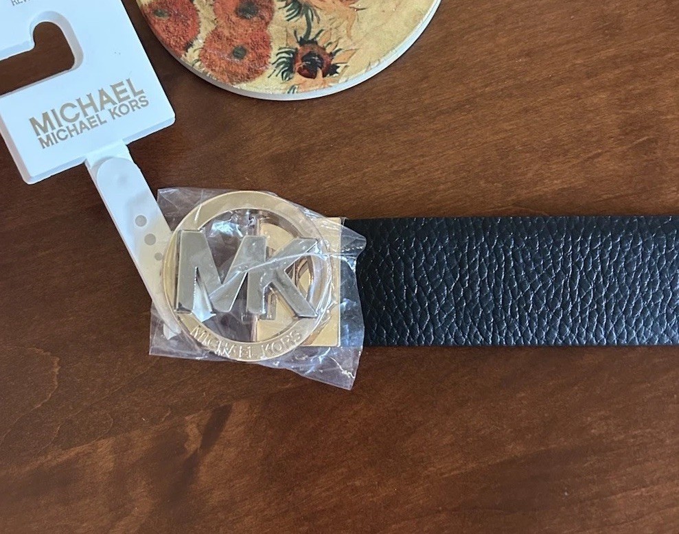 New! Michael Kors Reversible XL Belt Black & Brown Gold Silver MK Logo Buckle
