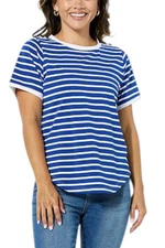DG2 by Diane Gilman Women's Striped Tee w Shoulder Detail Blue/White