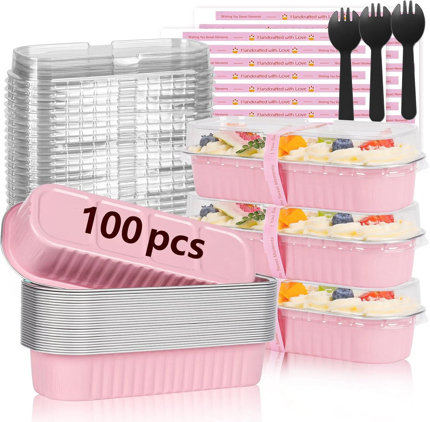 100 Pack Mini Loaf Pans with Lids and Spoons Sealing Sticker, 6.8Oz Mini Cake Pa