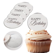 20pcs Sliver Mirror Acrylic Happy Birthday Cupcake Toppers Round Engraved Cak...