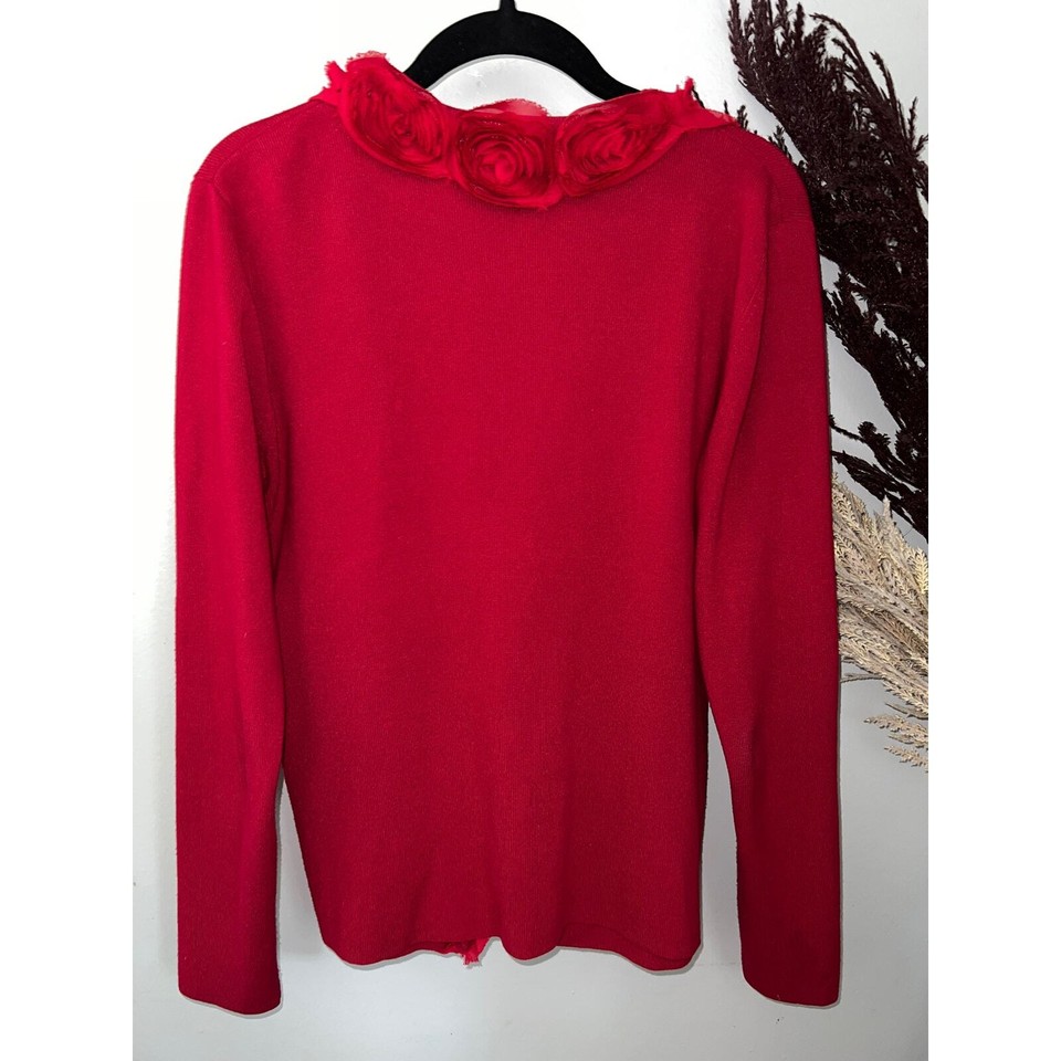 Cyrus red hook & eye knit cardigan sweater romantic rose detail women’s