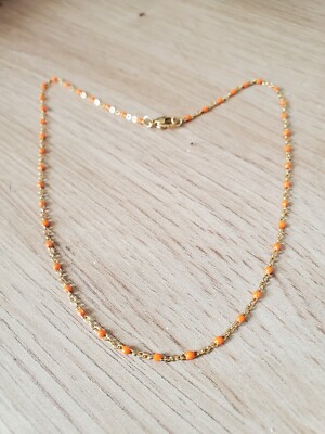 Collier Perles Résine Orange Et Acier Inoxydable Doré - Fait Main, 40 Cm, Neuf Avec étiquettes