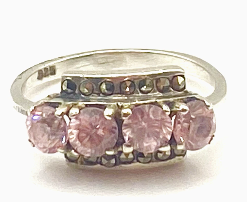 Anillo de cóctel de plata de ley/piedras rosas 925 y marcasita talla 5,5 Foto 4 de 4
