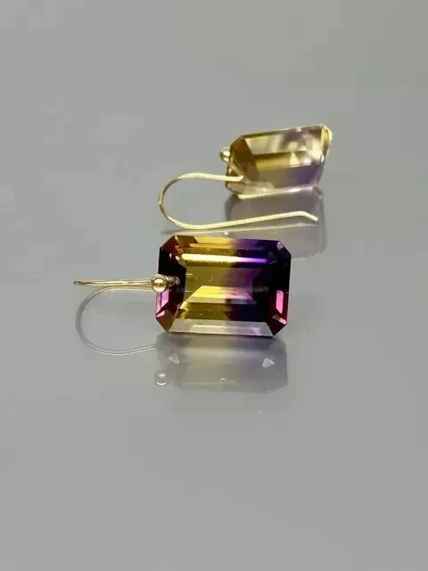 3Ct Emerald Cut Lab Created Ametrine Drop Dangle Earrings 14K Yellow Gold Plated - Image 3 of 4