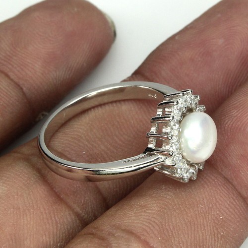 Anillo De Perla Blanca Simulada De 7Mm En Plata Esterlina 925 Con Circonitas - Imagen 6 de 11