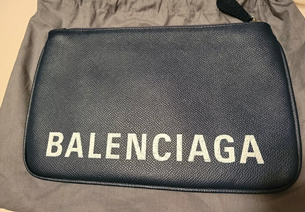 Balenciaga Black Leather Logo Pouch Computer Sleeve Clutch Bag