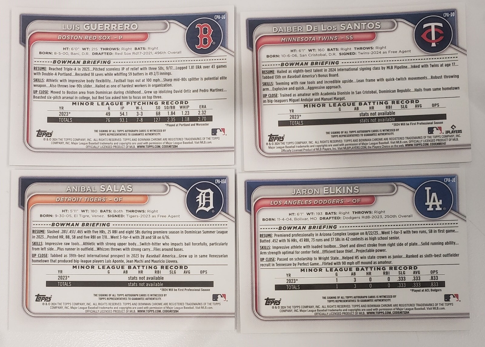 2024 Bowman Chrome 1st Bowman Lot of (4) Auto's Elkins, Salas, De Los Santos eBay