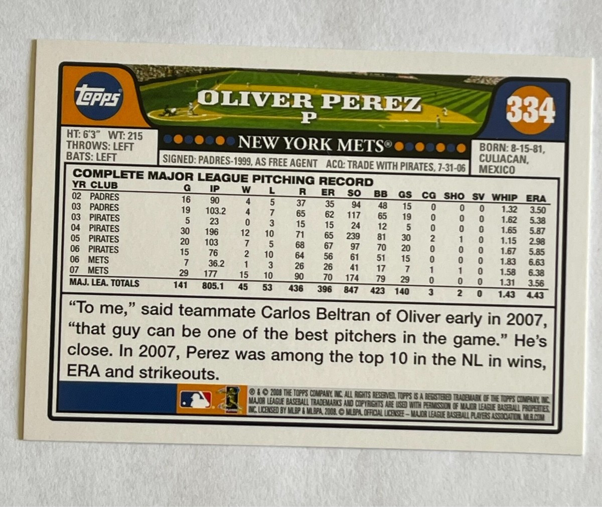 2008 TOPPS OLIVER PEREZ #334 PITCHER NEW YORK METS BASEBALL CARD