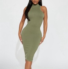 Fashion Nova Size Medium High Neck Sleeveless Sexy Ribbed Midi Dress Olive Green