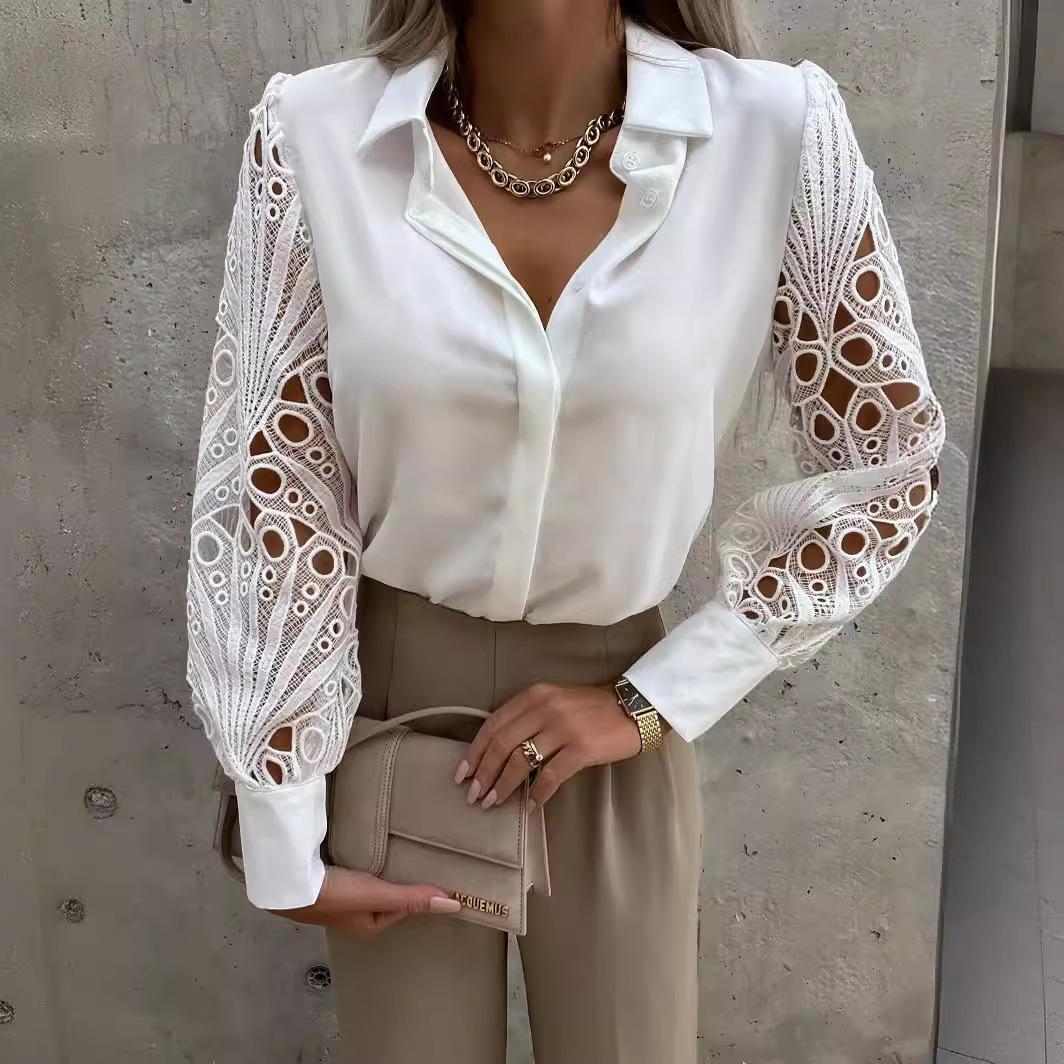 Blusa blanca de encaje con agujeros para mujer camisa de manga larga con botones