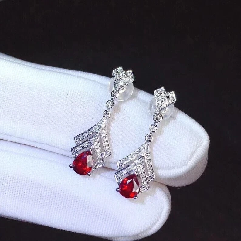 2.50Ct Pear Cut Simulated Red Ruby Drop/Dangle Earrings In 14k White Gold Plated - Image 3 of 4