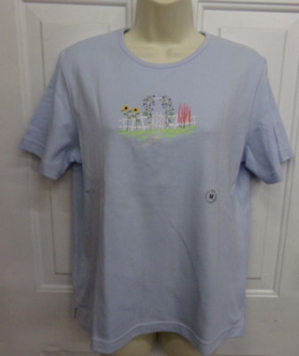 Classic Elements Womens Size Medium Blue Embroidered Garden Sunflower Top NEW