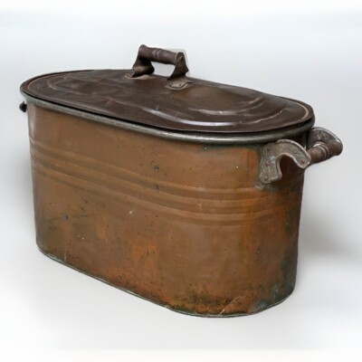 Antique Nesco Large Copper Boiler Wash Tub Tin Lid Wood Handles